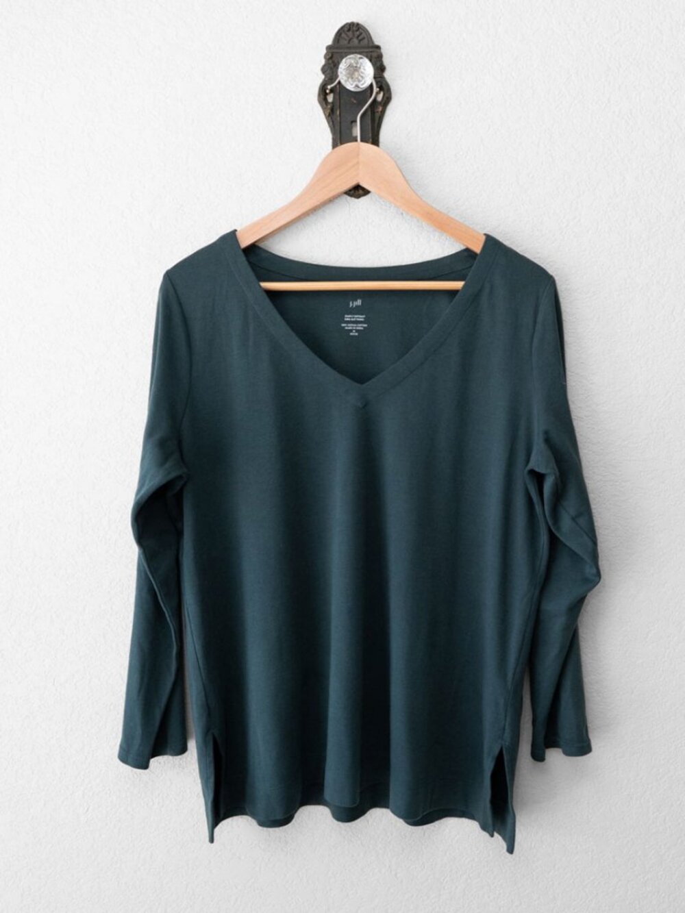 J Jill Simply Supima Tunic Womens MP Green V Neck 100% Cotton Side Slit Petite